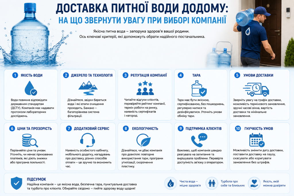 Інфографіка з критеріями вибору компанії з доставки питної води