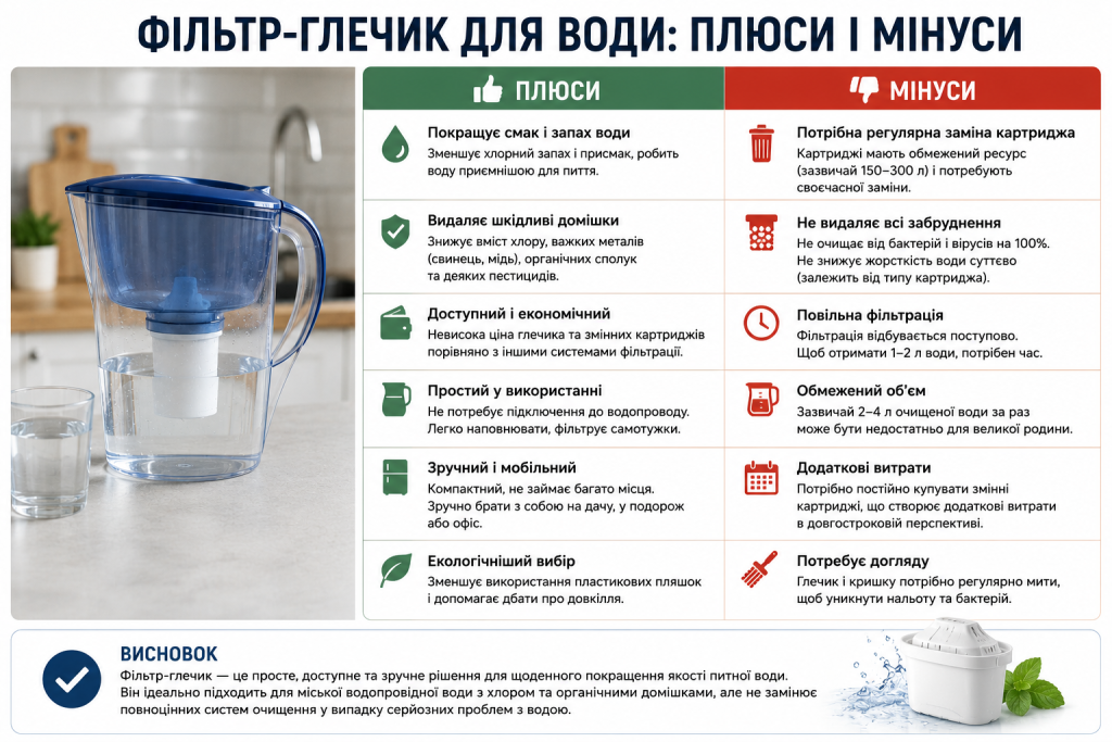Інфографіка з перевагами та недоліками використання фільтра-глечика для очищення води