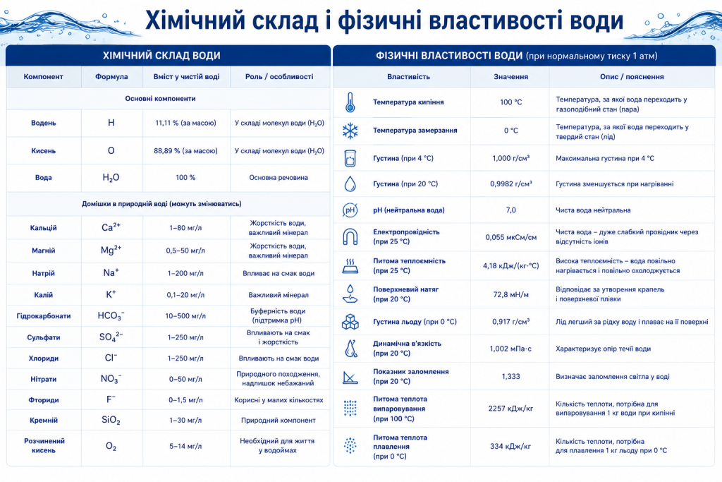 Таблиця хімічного складу та фізичних властивостей води — температура кипіння, густина, pH