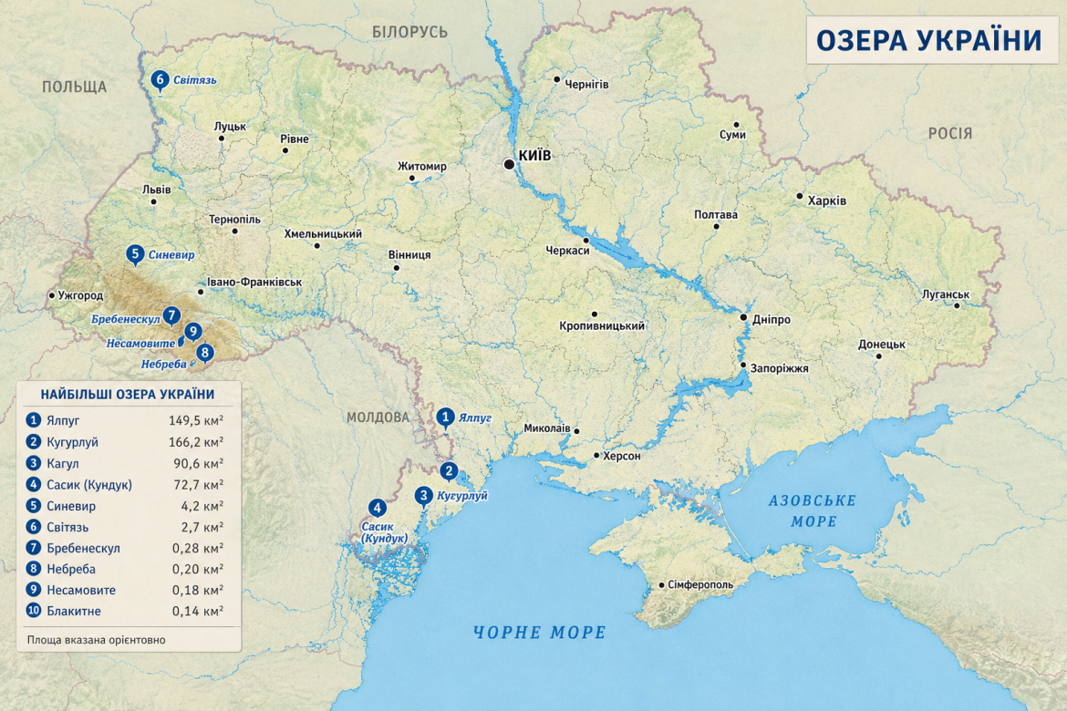 Географічна карта України з розташуванням найбільших озер