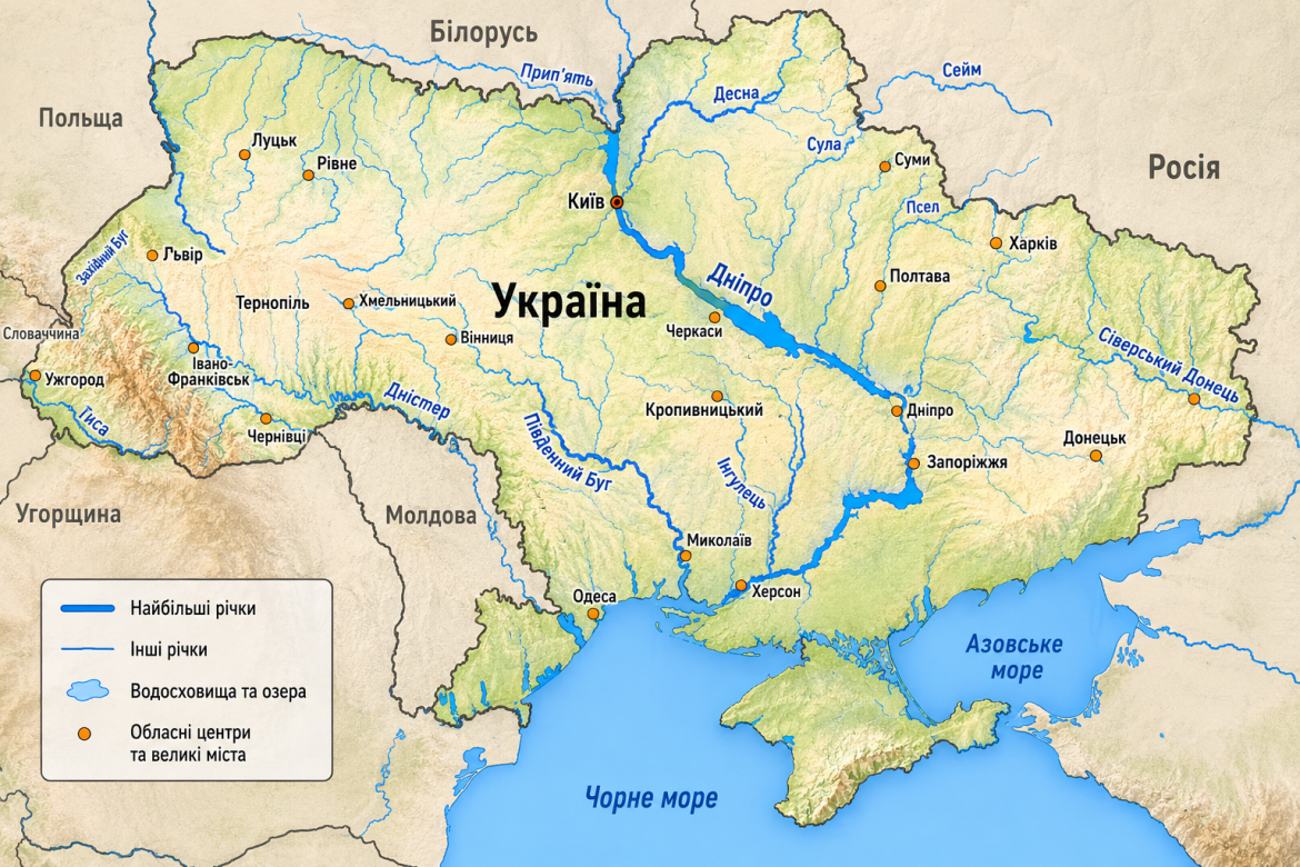 Географічна карта України з позначенням основних річок, водосховищ та обласних центрів