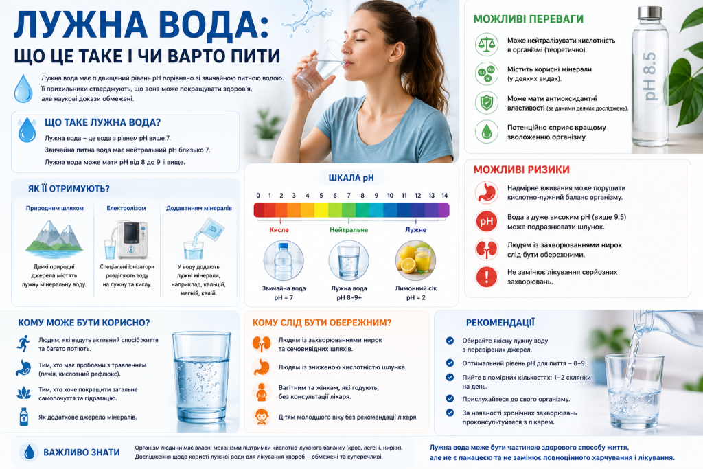 Інфографіка про лужну воду, рівень pH, можливі переваги, ризики та рекомендації.