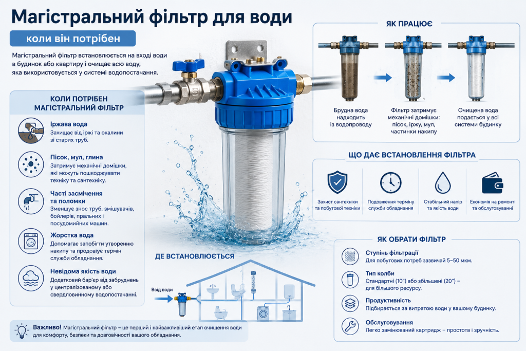 Інфографіка про принцип роботи, переваги та вибір магістрального фільтра для води