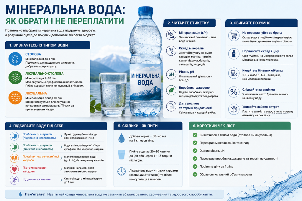 Інфографіка про види мінеральної води, мінералізацію та правила вибору.