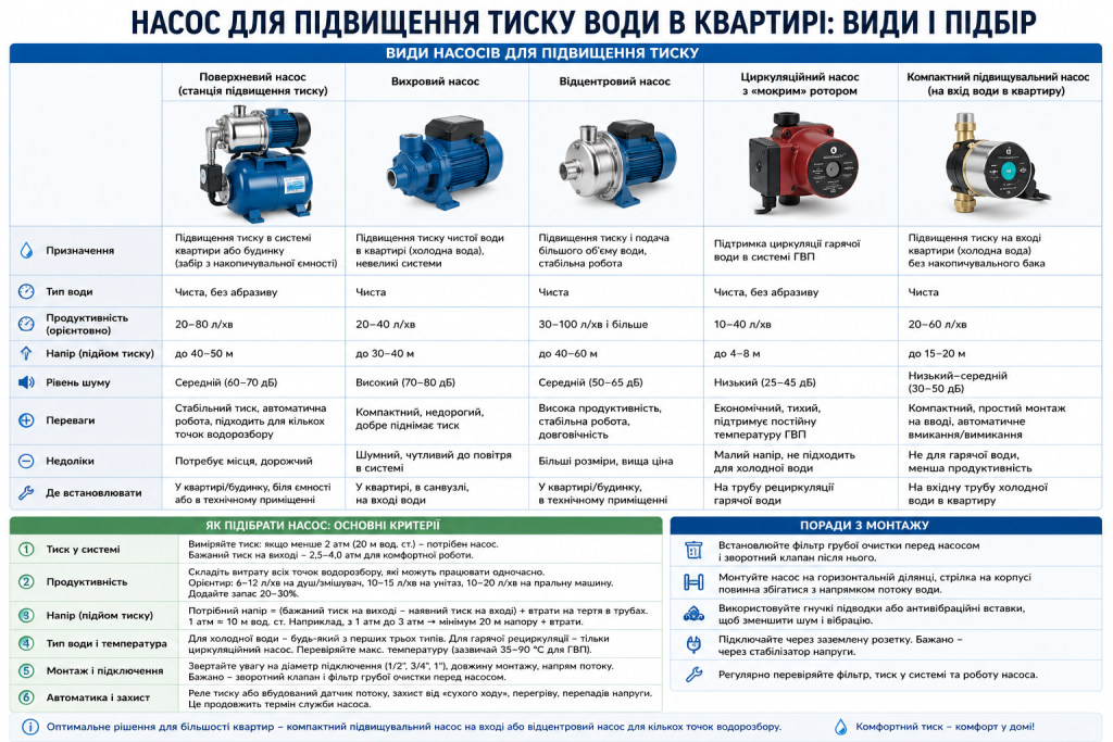 Порівняльна таблиця видів насосів для підвищення тиску води та критеріїв їх вибору