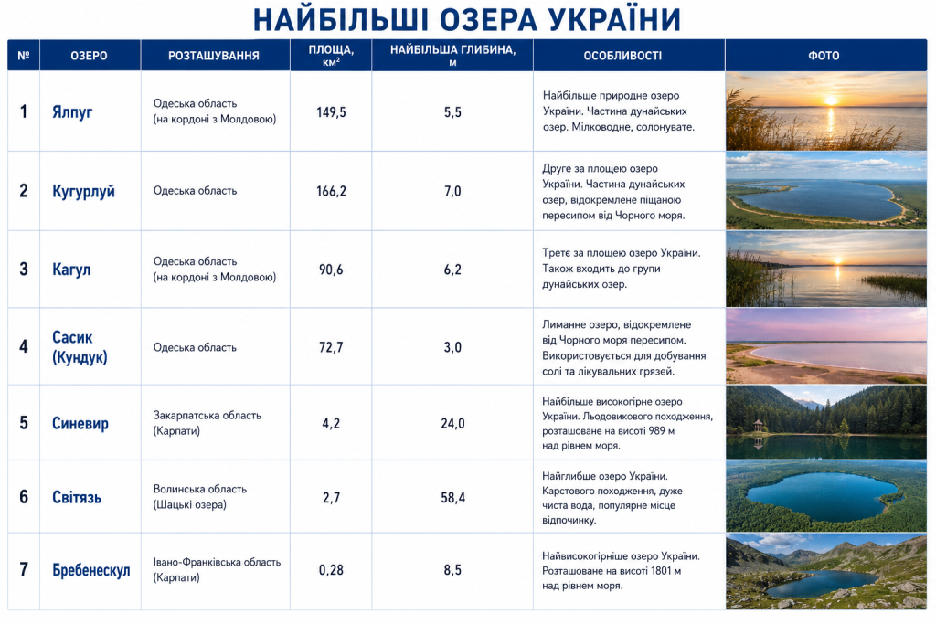 Таблиця з характеристиками найбільших озер України — площею, глибиною та особливостями