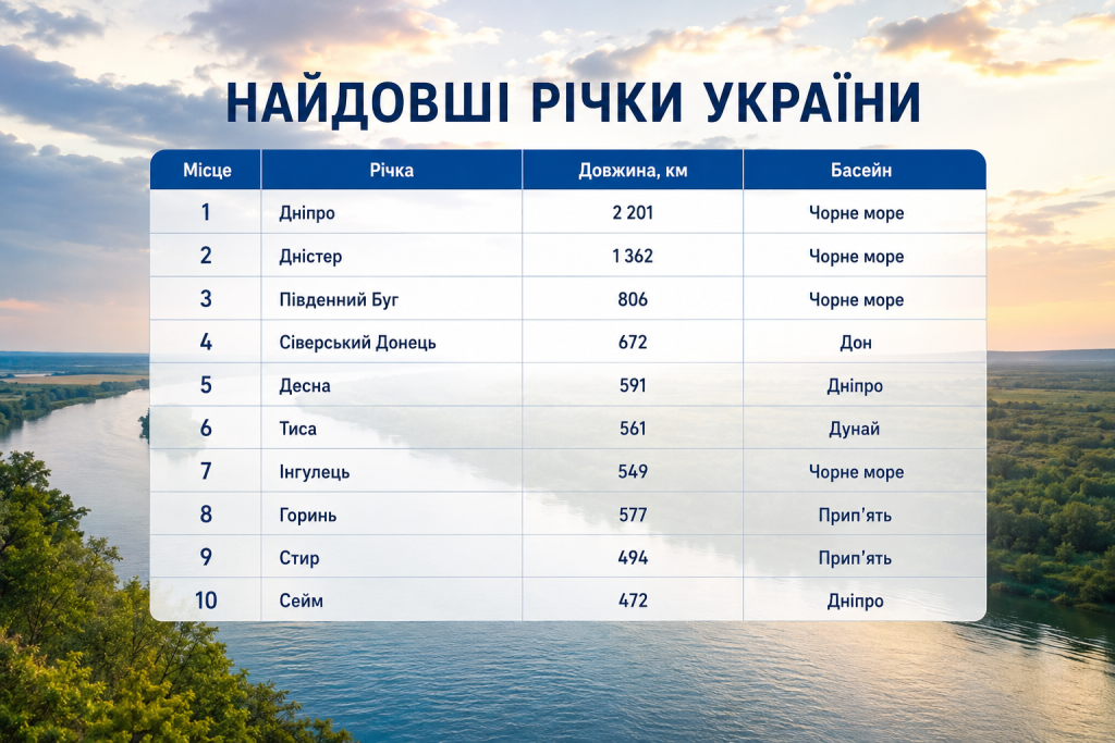 Таблиця рейтингу найдовших річок України з довжиною та річковим басейном