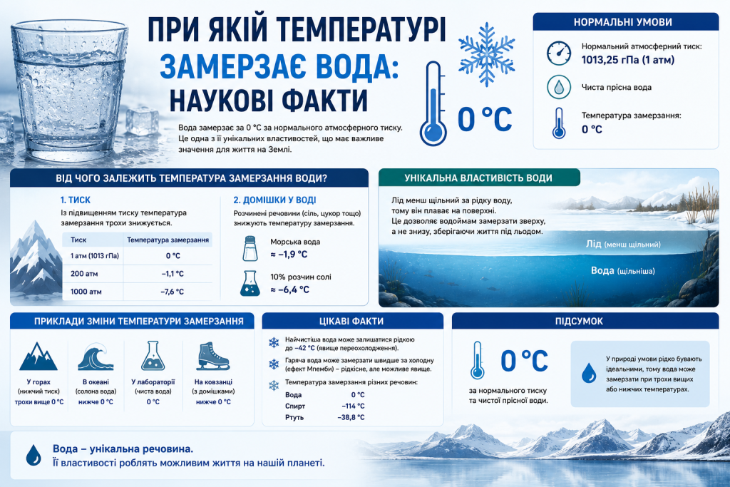 Інфографіка про температуру замерзання води залежно від тиску та домішок