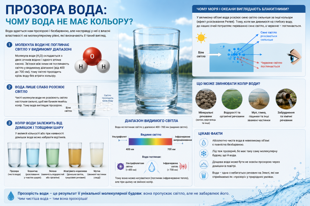 Інфографіка з поясненням, чому чиста вода є прозорою та як змінюється її колір.