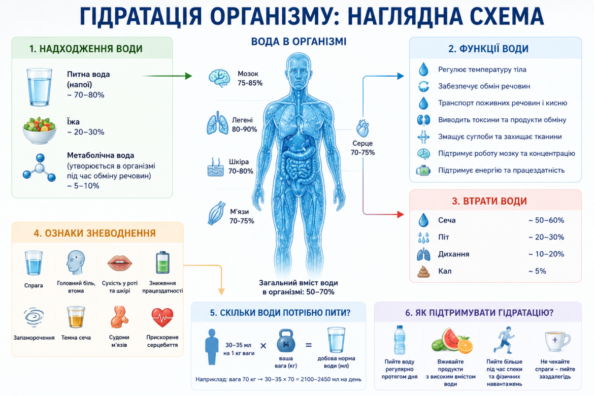 Схема надходження, функцій та втрати води в організмі людини
