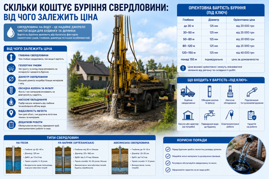 Інфографіка про вартість буріння свердловини залежно від глибини та типу
