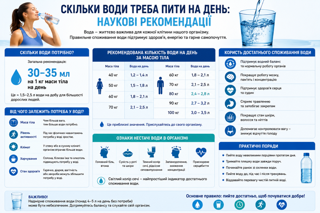Інфографіка з нормами споживання води за масою тіла та ознаками зневоднення