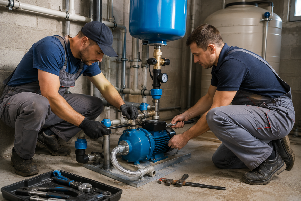 Двоє майстрів встановлюють насосне обладнання для водопостачання приватного будинку