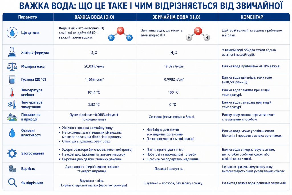Таблиця порівняння властивостей важкої води (D2O) та звичайної води (H2O)