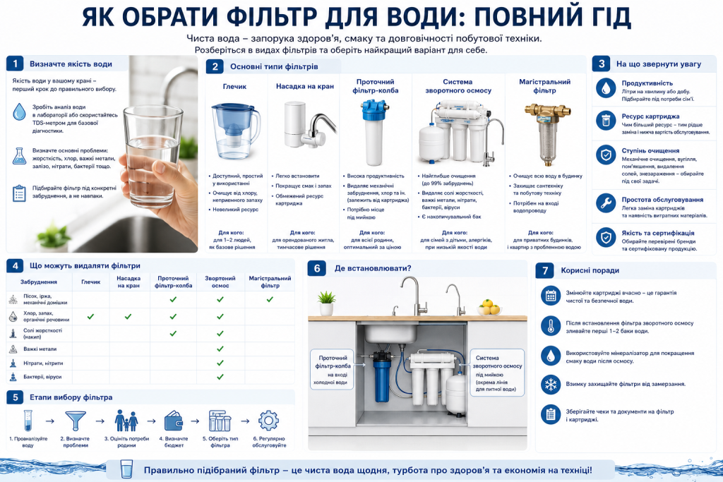 Інфографіка з порівнянням типів фільтрів для води та порадами щодо вибору