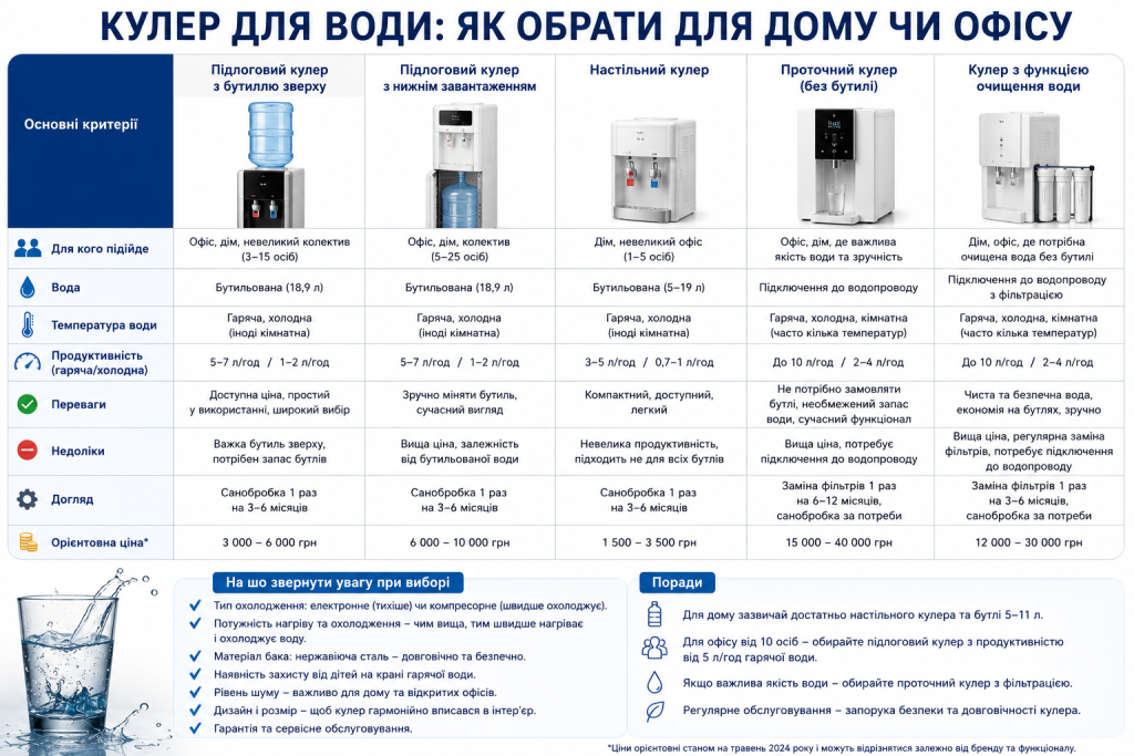 Порівняльна таблиця видів кулерів для води за характеристиками та ціною