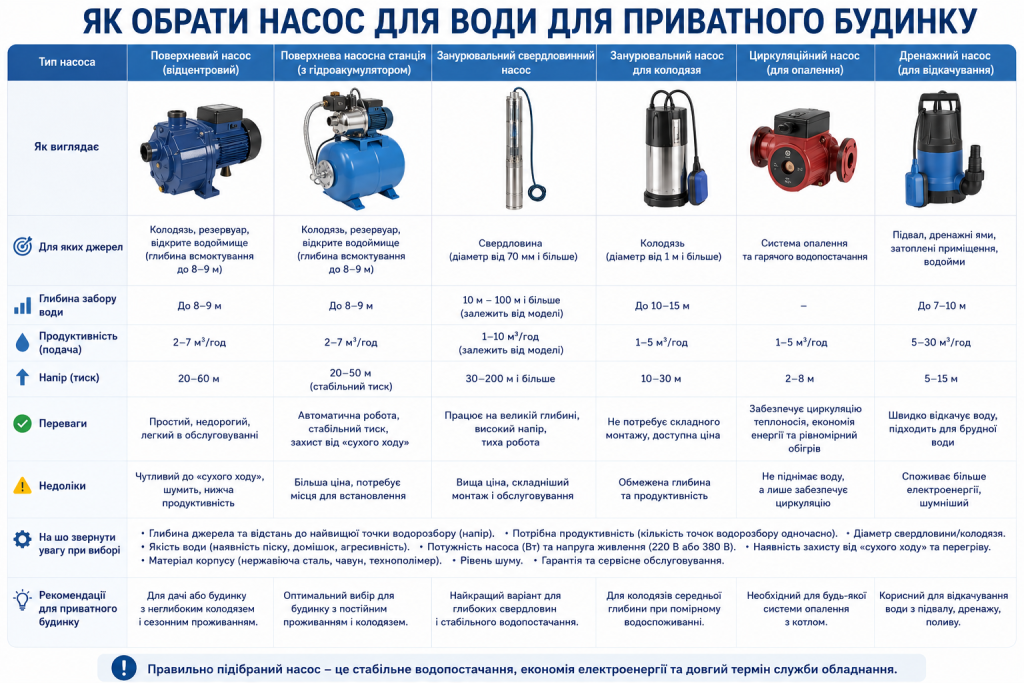 Порівняльна таблиця типів насосів для води за призначенням і характеристиками