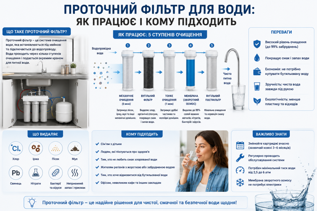 Інфографіка про ступені очищення, переваги та застосування проточного фільтра для води