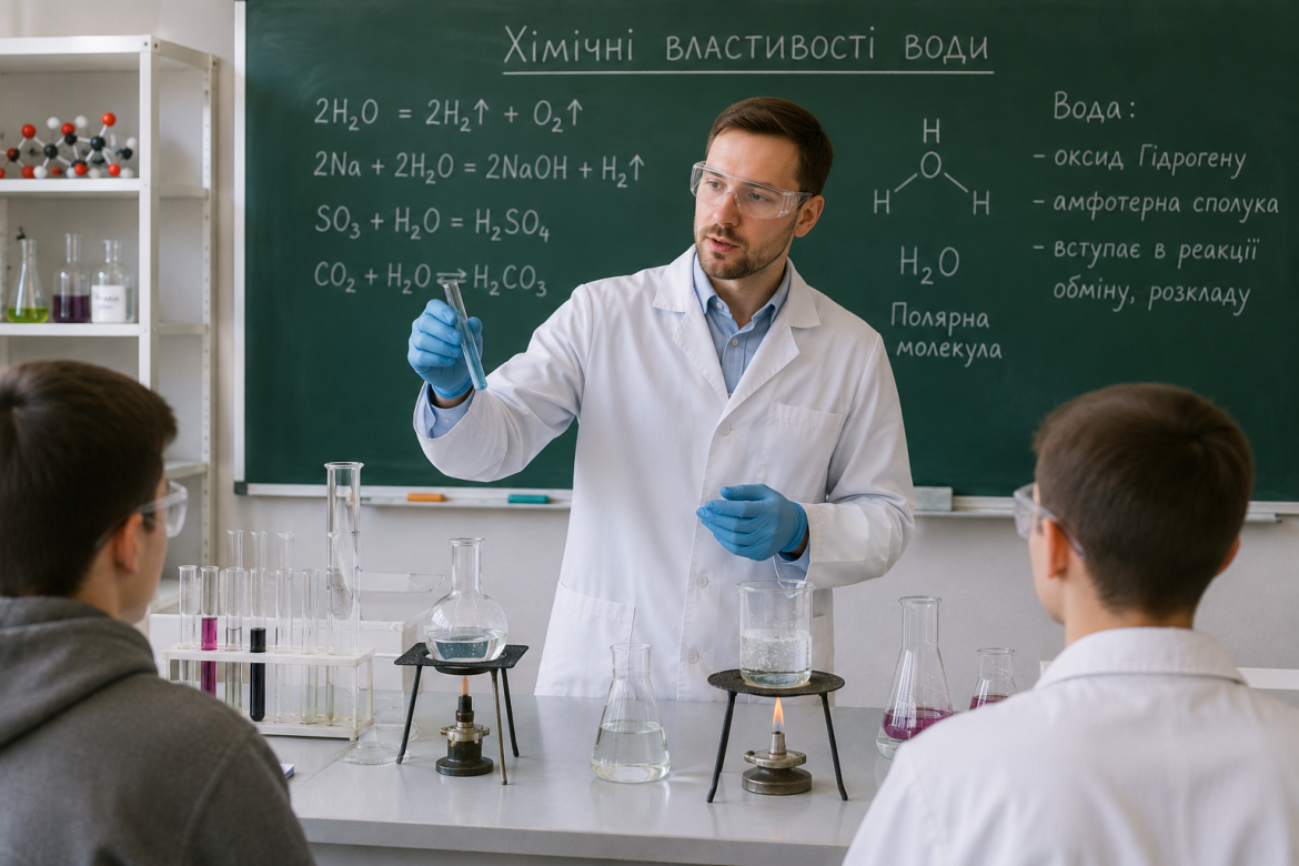 Вчитель хімії демонструє учням дослід з водою на фоні хімічних формул на дошці