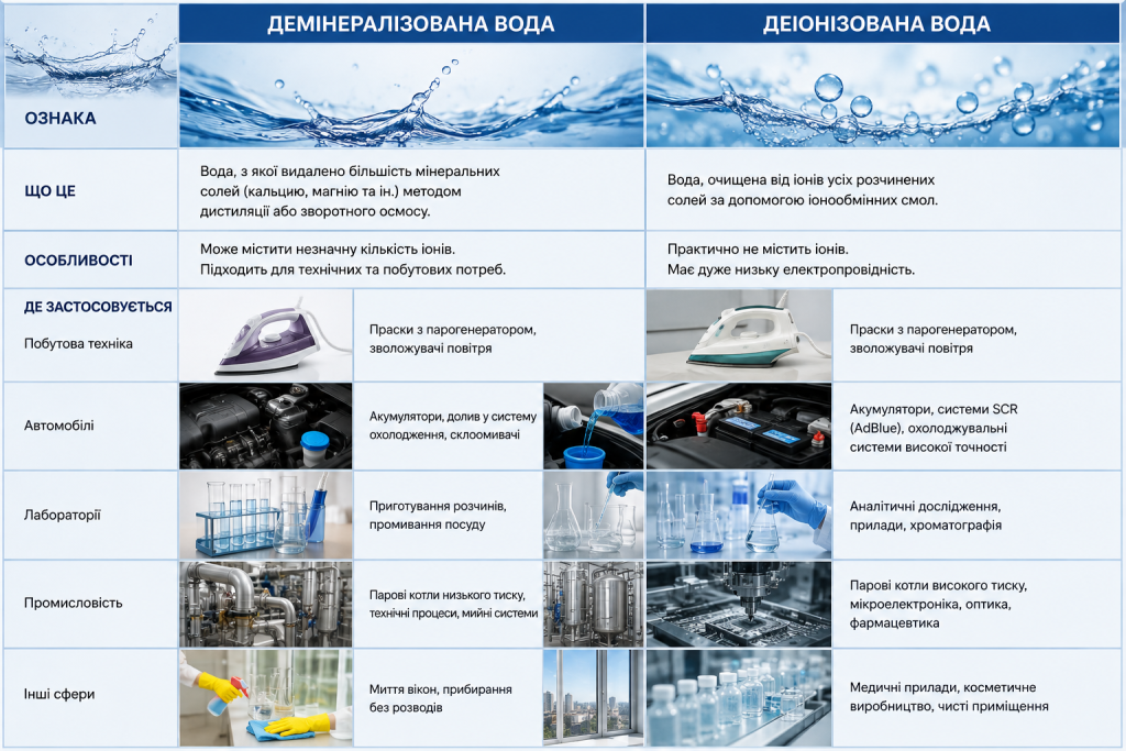 Порівняльна таблиця демінералізованої та деіонізованої води, їх властивостей і сфер застосування