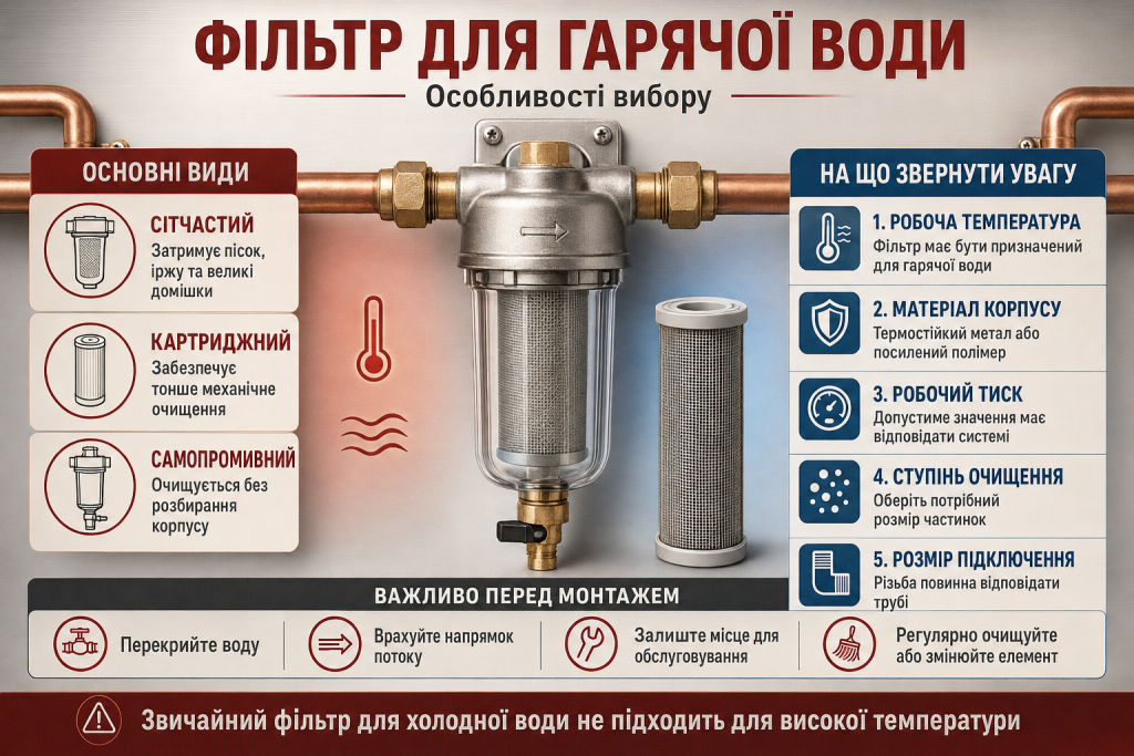 Інфографіка про фільтри для гарячої води, їх основні види, робочу температуру, тиск, матеріали корпусу та особливості монтажу.