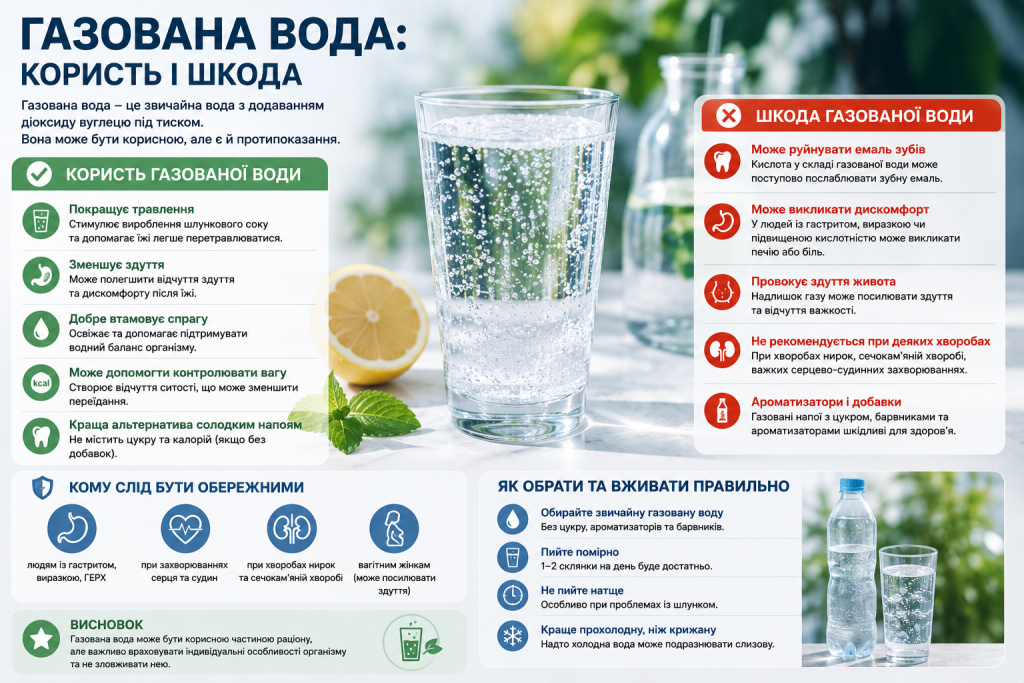 Інфографіка про властивості газованої води, її користь, можливу шкоду та рекомендації щодо вживання