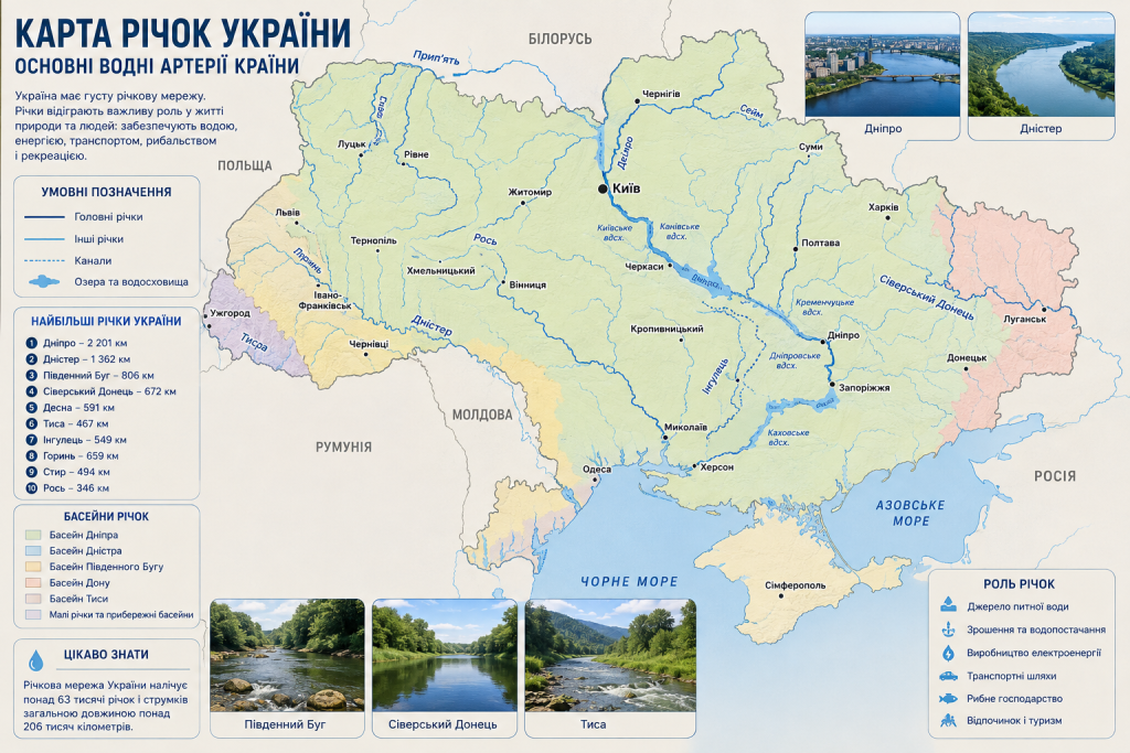Детальна карта основних річок України з Дніпром, Дністром, Південним Бугом, Сіверським Дінцем, Тисою та іншими водними артеріями.