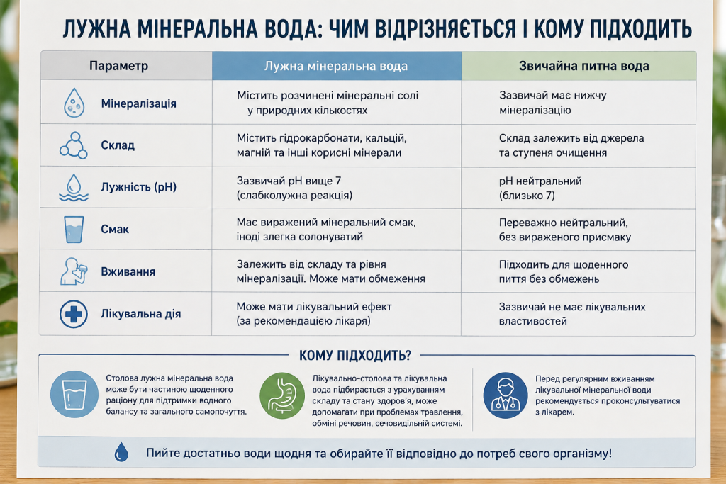 Порівняльна таблиця лужної мінеральної та звичайної питної води за складом, pH, смаком і особливостями вживання.