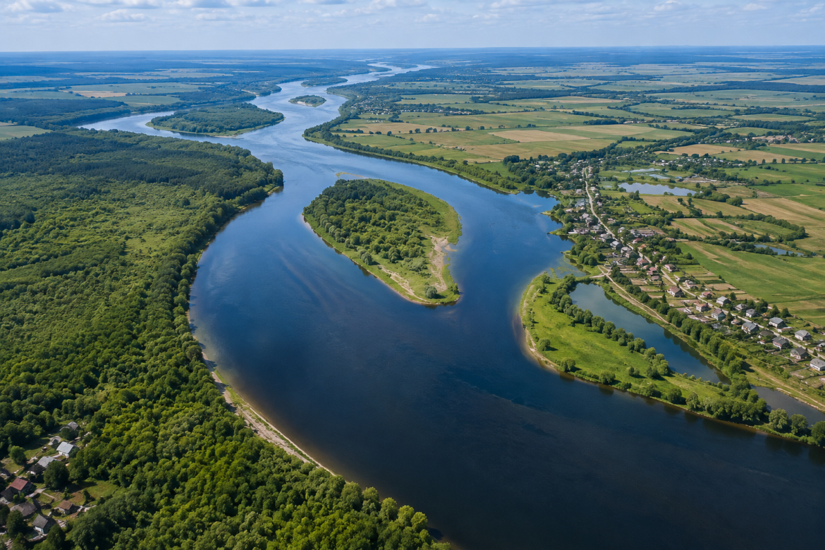Панорамний вид з висоти на широку українську річку з островами, лісами, полями та населеними пунктами.