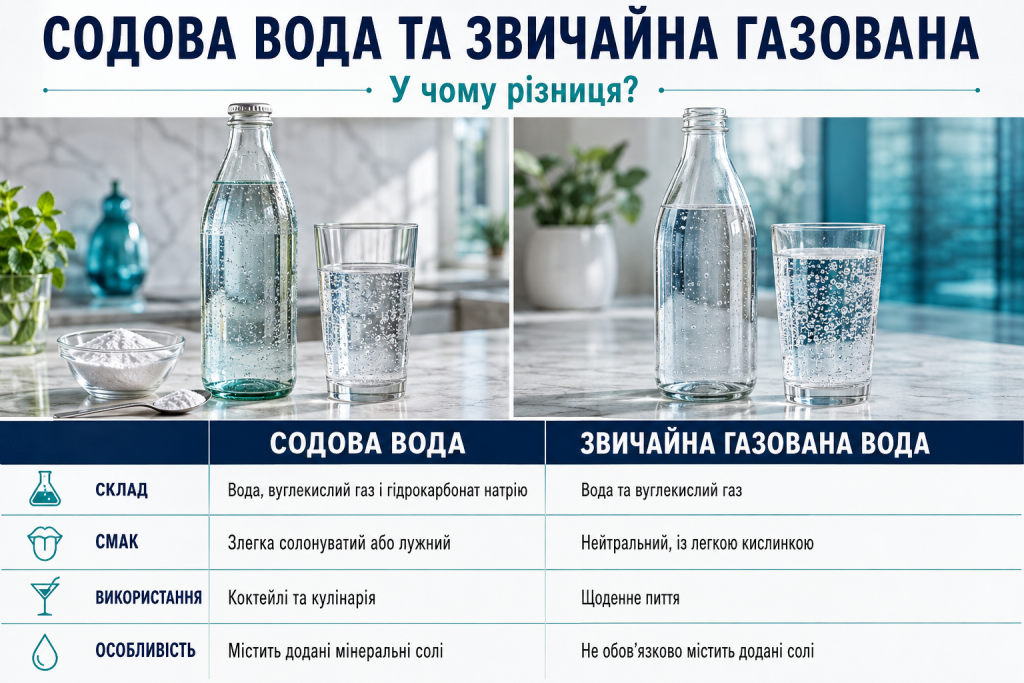 Порівняльна інфографіка про склад, смак, використання та особливості содової і звичайної газованої води