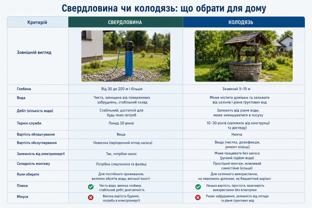 Порівняльна таблиця свердловини та колодязя за глибиною, якістю води, вартістю, строком служби та обслуговуванням.