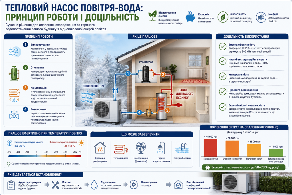 Інфографіка про принцип роботи теплового насоса повітря-вода, опалення будинку та гаряче водопостачання