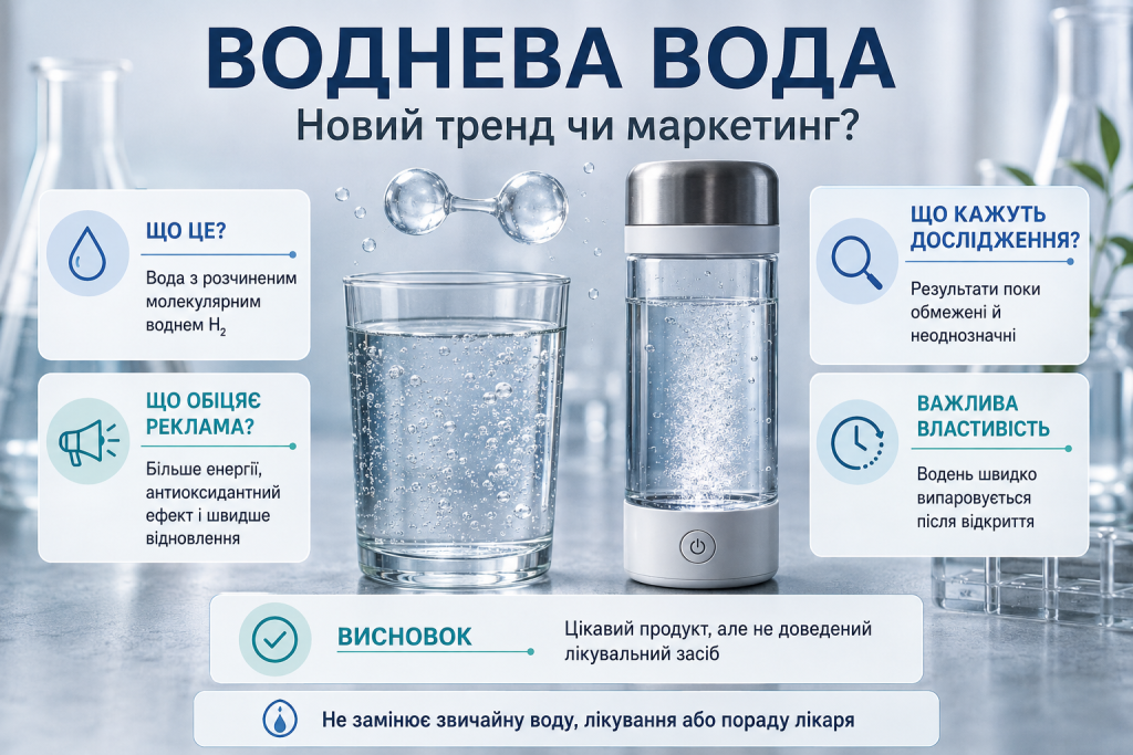 Інфографіка про водневу воду, розчинений молекулярний водень, рекламні обіцянки, дослідження та властивості напою