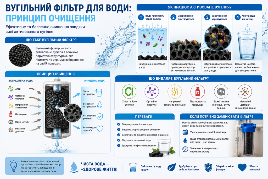 Інфографіка про принцип роботи вугільного фільтра, очищення води активованим вугіллям та видалення забруднень