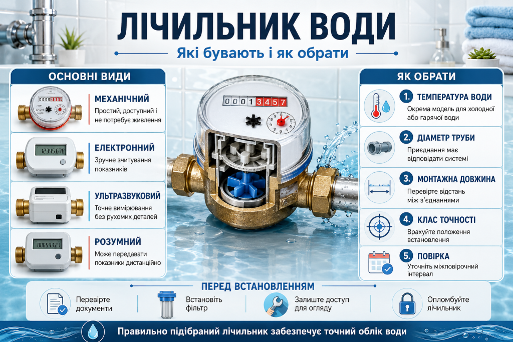 Інфографіка про механічні, електронні, ультразвукові та розумні лічильники води, а також критерії їх вибору й встановлення.