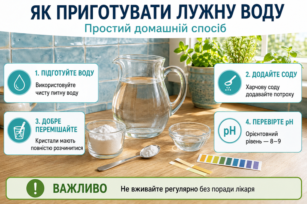 Інфографіка з покроковим способом приготування лужної води вдома з харчовою содою та перевіркою рівня pH