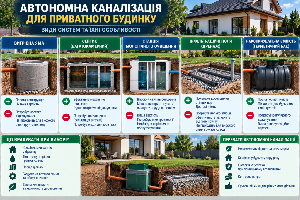 Інфографіка про види автономної каналізації для приватного будинку, септики, вигрібні ями, дренаж і біологічне очищення