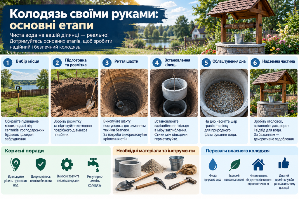 Інфографіка про будівництво колодязя своїми руками, вибір місця, риття шахти, монтаж кілець і облаштування
