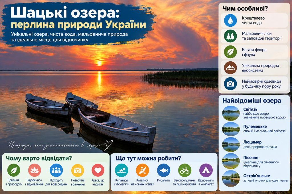 Інфографіка про Шацькі озера України, їх природу, особливості, популярні водойми та види відпочинку