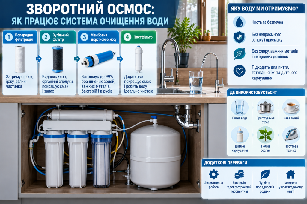 Інфографіка про етапи очищення води системою зворотного осмосу, фільтри, мембрану та основні переваги